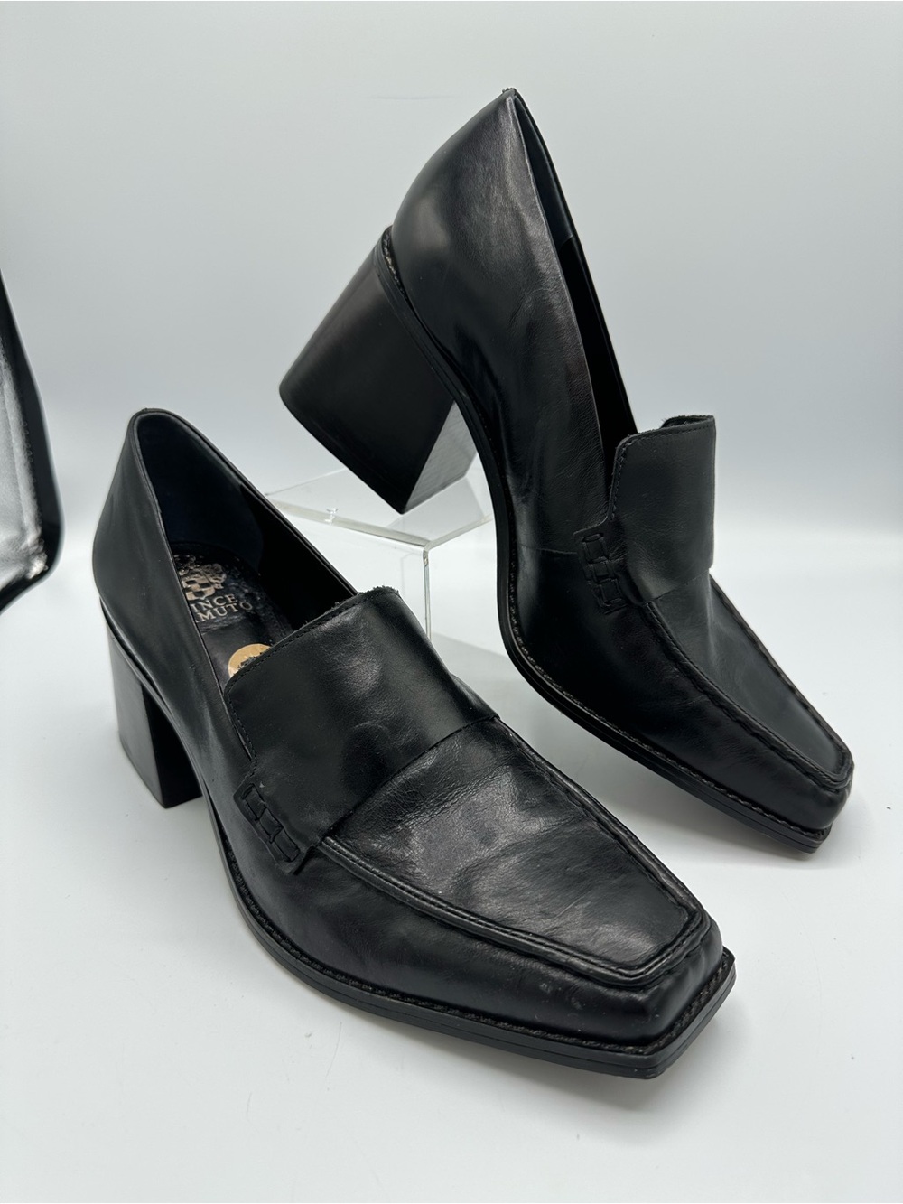 Vince Camuto Segellis Black Leather Square Toe Block Heel Loafers Chunky 12 M
